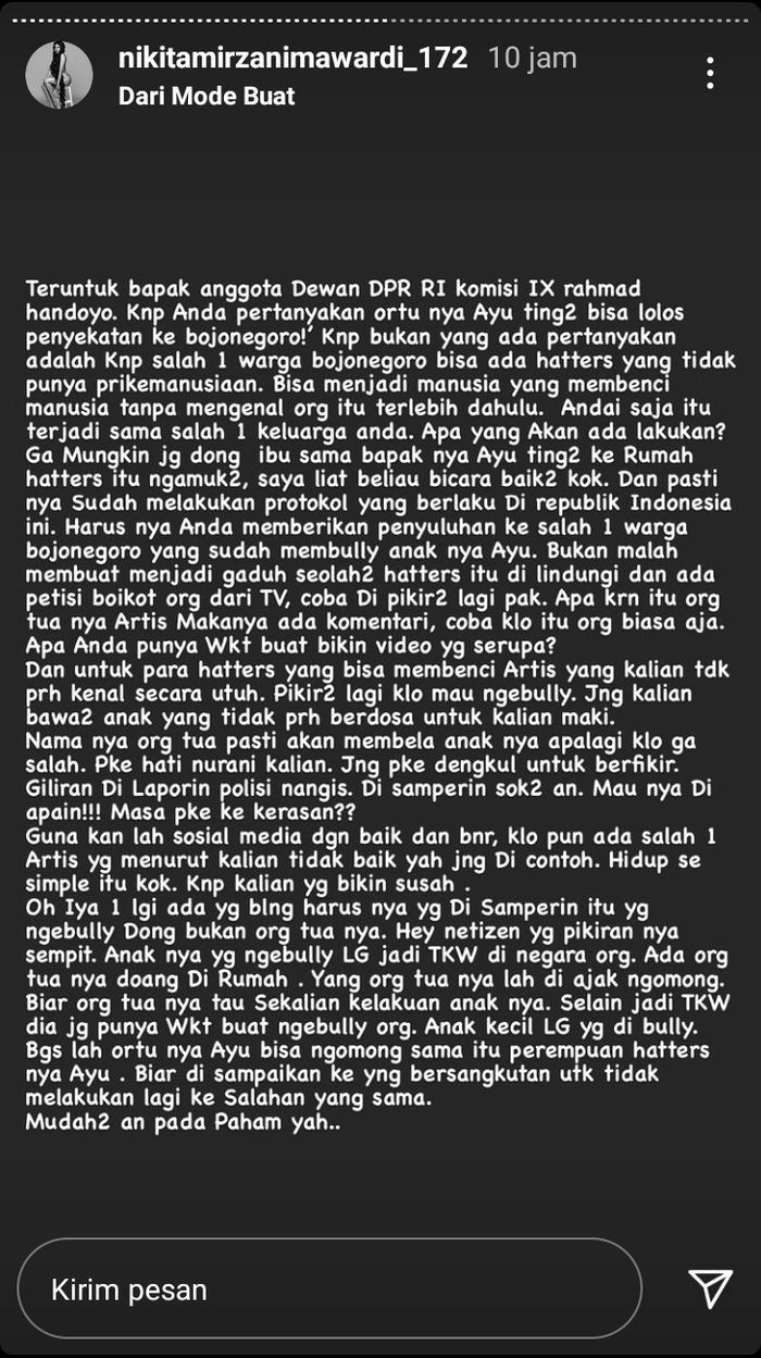 Tulisan Nikita Mirzani soal Ayu Ting Ting
