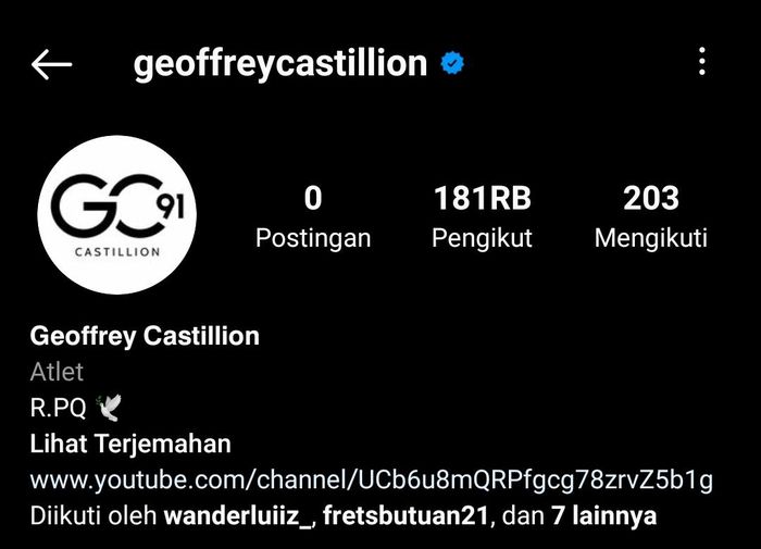 Geoffrey  Castillion mengosongkan postingan Instagram-nya, termasuk salah satunya segala momennya yang sempat diunggahnya.