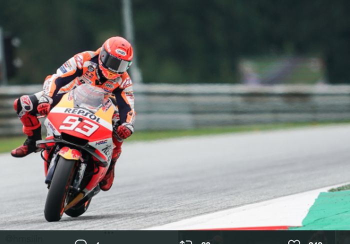 Pembalap Repsol Honda, Marc Marquez, saat beraksi pada balapan seri ke-10 MotoGP Styria 2021, di Red Bull Ring, Minggu (8/8/2021).