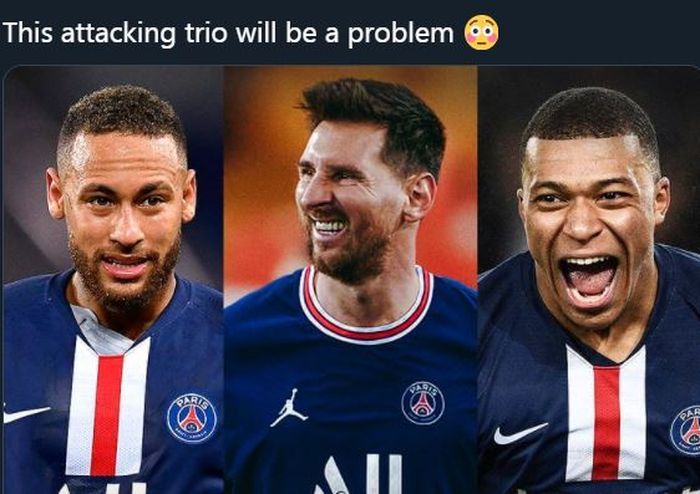 Neymar, Lionel Messi, dan Kylian Mbappe, trio penyerang Paris Saint-Germain.