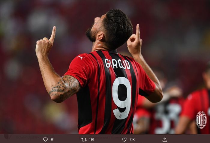 Olivier Giroud mencetak 2 gol dalam uji coba AC Milan vs Panathinaikos, Sabtu (14/8/2021) di Trieste.