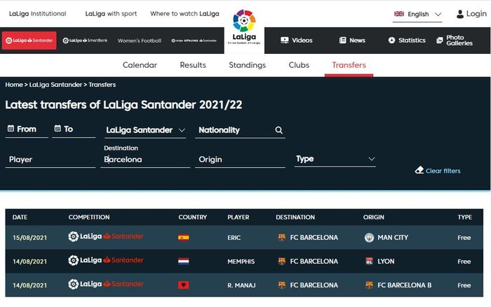 Penampakan situs laliga.com yang menunjukkan Eric Garcia, Memphis Depay, dan Rey Manaj telah terdaftar sebagai pemain Barcelona.