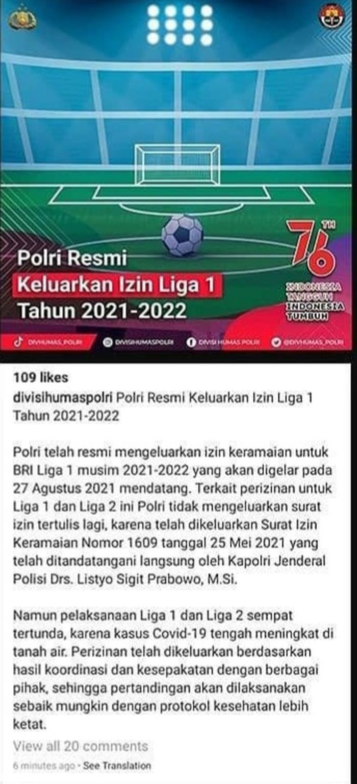 Polri sempat mengunggah surat izin Liga 1 2021, namun kini telah dihapus.