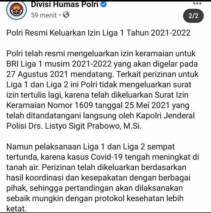 Polri sempat mengunggah surat izin Liga 1 2021, namun kini telah dihIlang postingannya, 16 Agustus 2021.