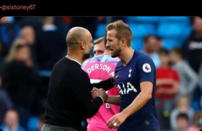 Momen pertemuan Harry Kane dan Pep Guardiola kala Manchester City dan Tottenham Hotspur bertemu di Liga Inggris.