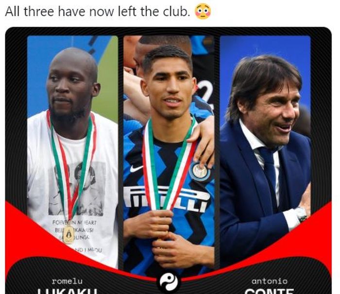 Dari kiri ke kanan. Romelu Lukaku, Achraf Hakimi, dan Antonio Conte, saat masih bekerja dalam satu tim yakni Inter Milan.