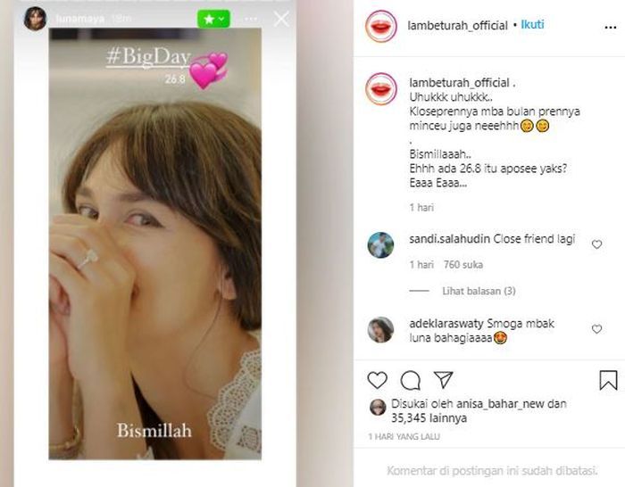 Posting-an akun gosip yang memuat Instagram Story milik Luna Maya
