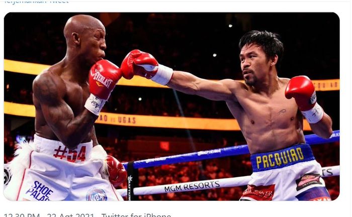 Aksi Manny Pacquiao saat melawan Yordenis Ugas pada Minggu (22/8/2021) WIB