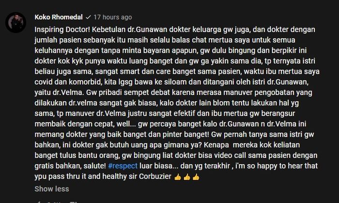 Kesaksian warganet mengenai kebaikan hati dokter Gunawan dan istrinya, dokter Velma