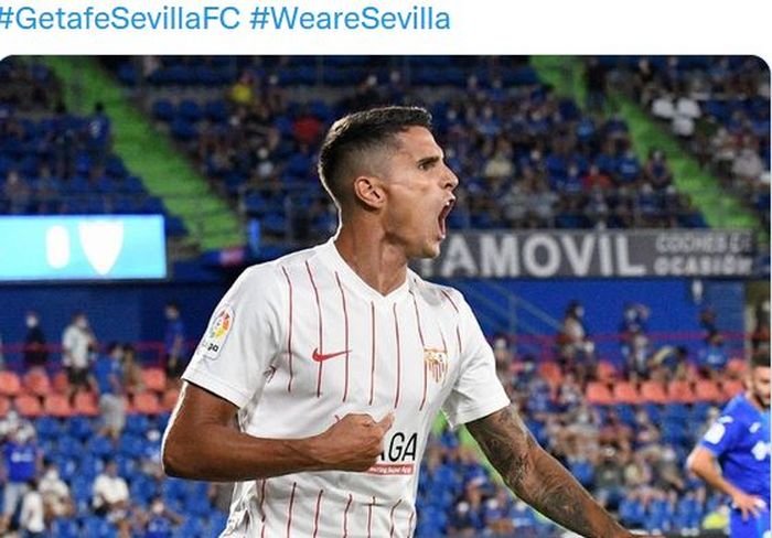 Winger Sevilla, Erik Lamela, merayakan gol ke gawang Getafe dalam laga Liga Spanyol di Stadion Coliseum Alfonso Perez, Senin (23/8/2021).