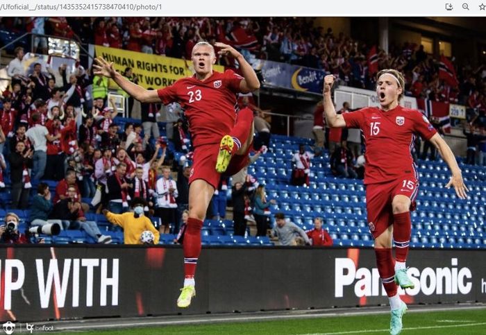 Penyerang timnas Norwegia, Erling Haaland, merayakan gol ke gawang timnas Gibraltar pada ajang Kualifikasi Piala Dunia 2022 zona Eropa, Selasa (7/9/2021).