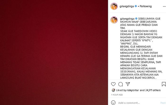Unggahan Gilang Dirga yang meminta maaf karena mengundang Saipul Jamil