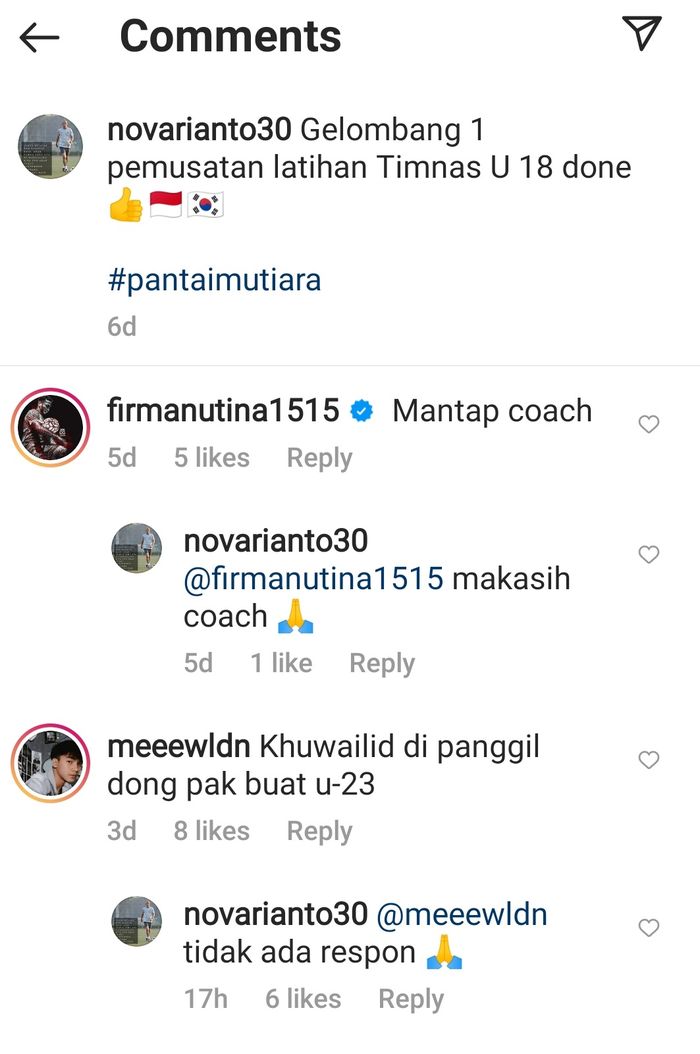 Tangkapan layar kolom komentar Instagram asisten pelatih timnas Indonesia, Nova Arianto