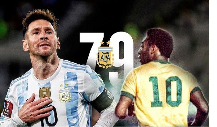 Lionel Messi melewati rekor gol Pele untuk level tim nasional di zona Amerika Selatan setelah mencetak hatrik dalam kemenangan 3-0 Argentina atas Bolivia di Kualifikasi Piala Dunia 2021, Jumat (10/9/2021). Messi 79 gol, Pele 77. 