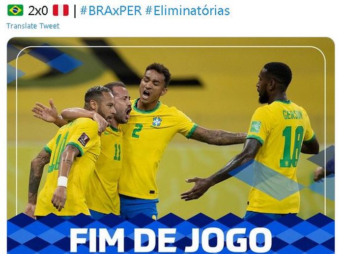 Neymar (paling kiri) berperan penting dalam kemenangan timnas Brasil atas timnas Peru dalam laga kualifikasi Piala Dunia 2022.