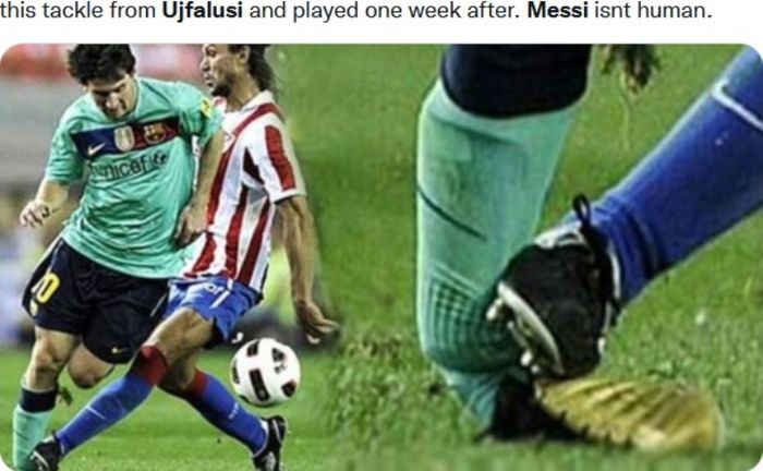 Momen saat engke LIonel Messi ditekel Tomas Ujfalusi.