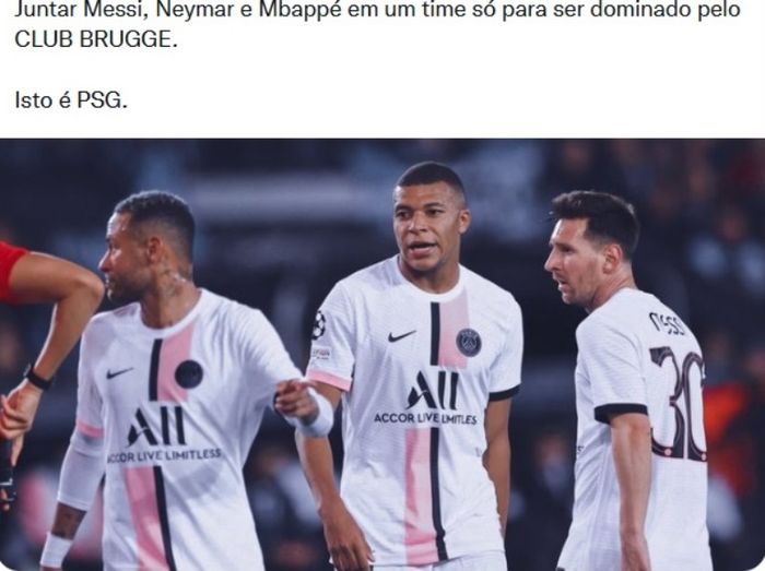 Trio PSG yang terdiri dari Lionel Messi, Kylian Mbappe, dan Neymar dalam laga kontra Club Brugge.