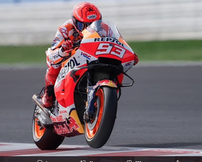 Pembalap Repsol Honda, Marc Marquez, saat sesi kualifikasi MotoGP San Marino 2021, Sabtu (19/7/2021).