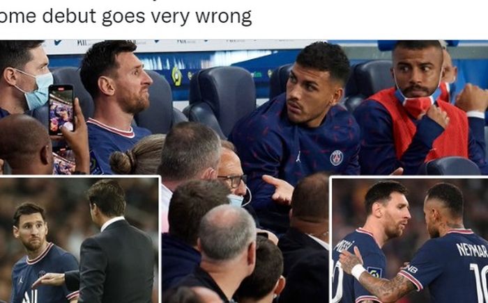 Megabintang Paris Saint-Germain, Lionel Messi, memasang muka cemberut dan tak mengacuhkan sang pelatih, Mauricio Pochettino, ketika ditarik keluar pada menit ke-76.