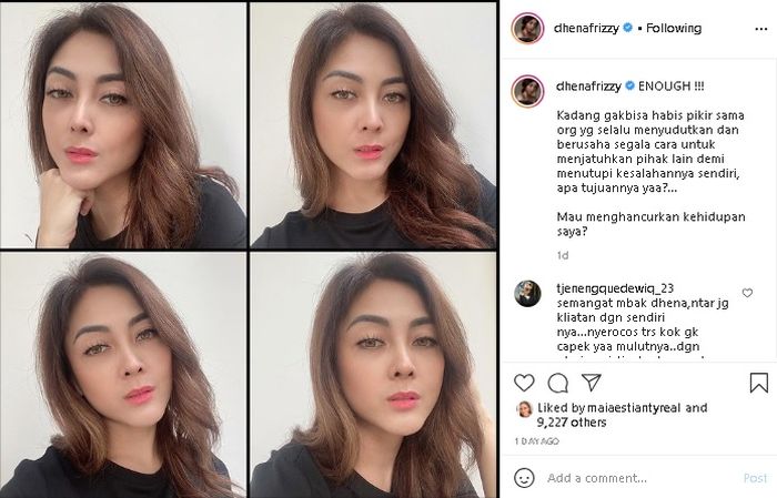 Unggahan Dhena Devanka usai Benny Simanjuntak unggah foto Jonathan Frizzy.Tangkap layar Instagram @dhenafrizzy
