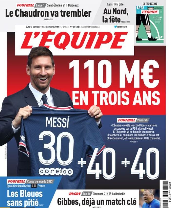 Megabintang Paris Saint-Germain, Lionel Messi, mengisi halaman depan di surat kabar Prancis, L'Equipe.