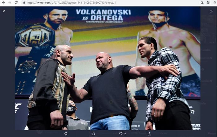 Alexander Volkanovski (kiri) dan Brian Ortega (kanan) saling bertemu untuk pertama kali jelang bertarung pada UFC 266.