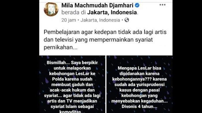 (Facebook @MilaMachmudahDjamhari)
Lesti Kejora dan Rizky Billar akan dilaporkan ke polisi karena dinilai telah membuat kegaduhan dan kebohongan soal pernikahan mereka.