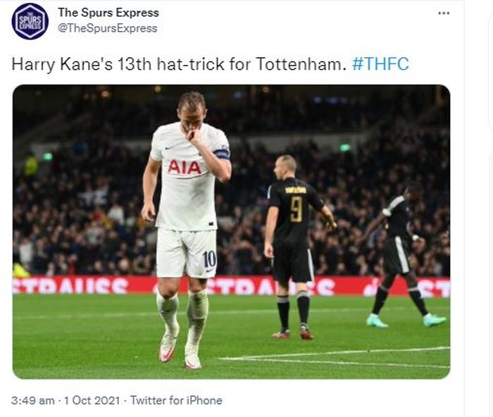 Striker Tottenham Hotspur, Harry Kane usai mencetak hattrick saat mengalahkan Mura 5-1 dalam matchday kedua UEFA Conference League grup G, Kamis (30/9/2021).