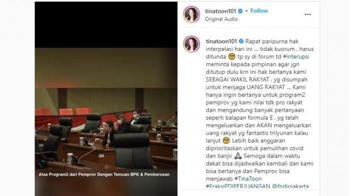 Anggota DPRD DKI Jakarta, Agustina Hermanto alias Tina Toon, protes terkait pelaksanaan balapan Formula E