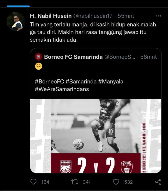 Presiden Borneo FC, Nabil Husein, memberikan kritikan kepada timnya lewat media sosial