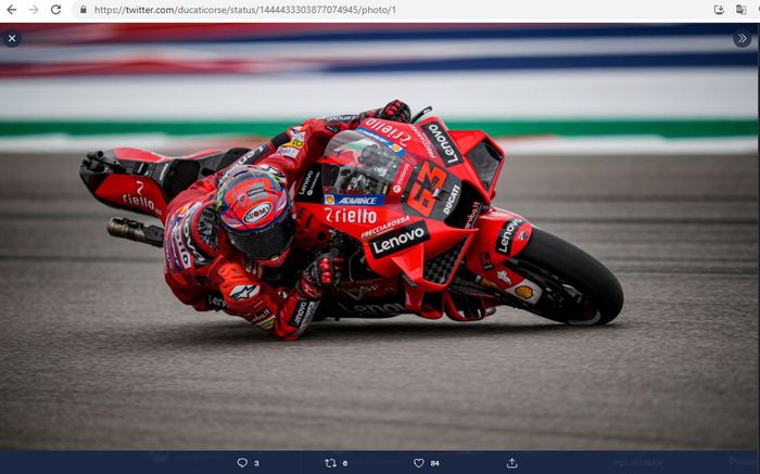 Pembalap Ducati Lenovo, Francesco Bagnaia, saat mengaspal pada MotoGP Americas 2021 di Circuit of the Americas, Austin, Texas.