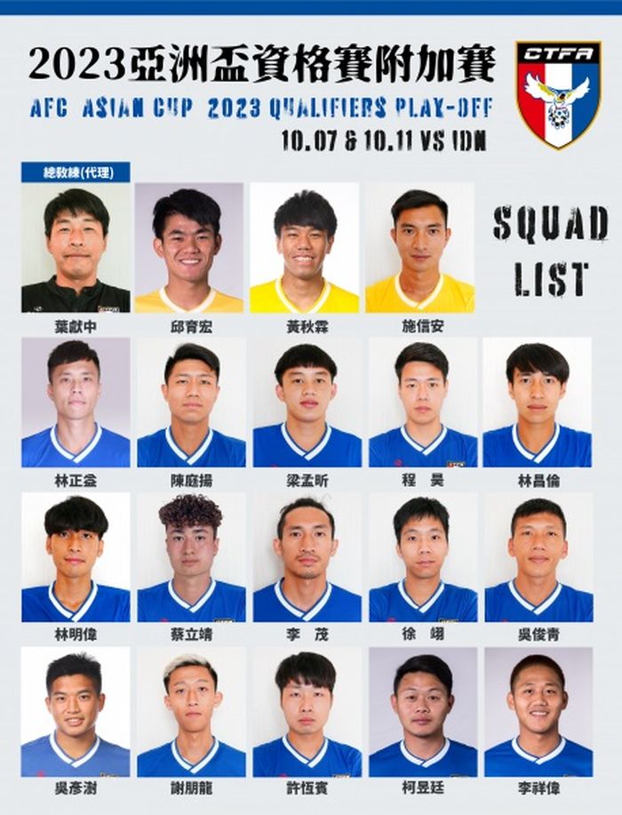 Daftar pemain timnas Taiwan untuk menghadapi Indonesia di play-off Kualifikasi Piala Asia 2023.