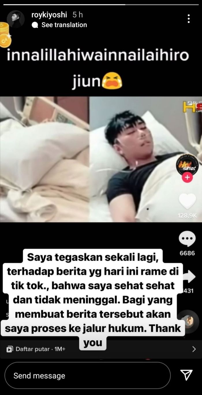 Unggahan Instagram Story Roy Kiyoshi soal kabar hoaks dirinya meninggal.