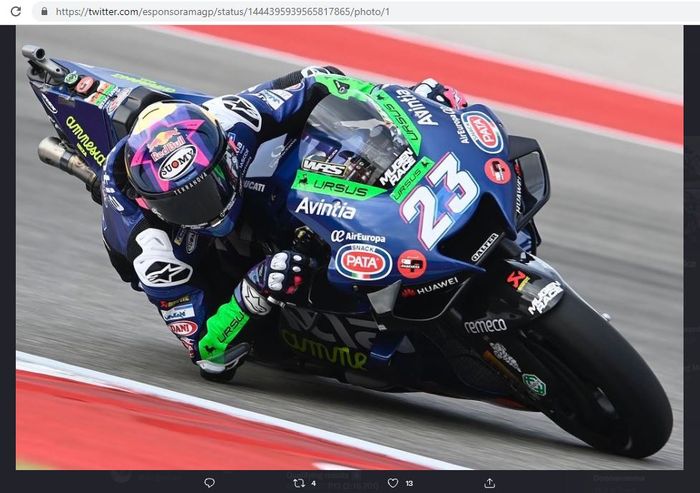 Pembalap Esponsorama Racing, Enea Bastianini, saat mengaspal pada MotoGP Americas 2021 di Circuit of the Americas, Austin, Texas, Amerika Serikat, Minggu (3/10/2021).