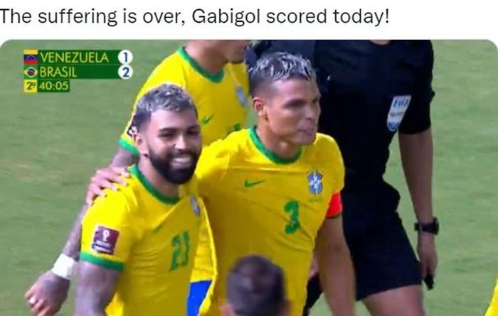 Striker timnas Brasil, Gabriel Barbosa alias Gabigol, merayakan gol ke gawang timnas Venezuela dalam laga Kualifikasi Piala Dunia 2022 Zona Amerika Selatan di Stadion Olimpico de la UCV, Kamis (7/10/2021).