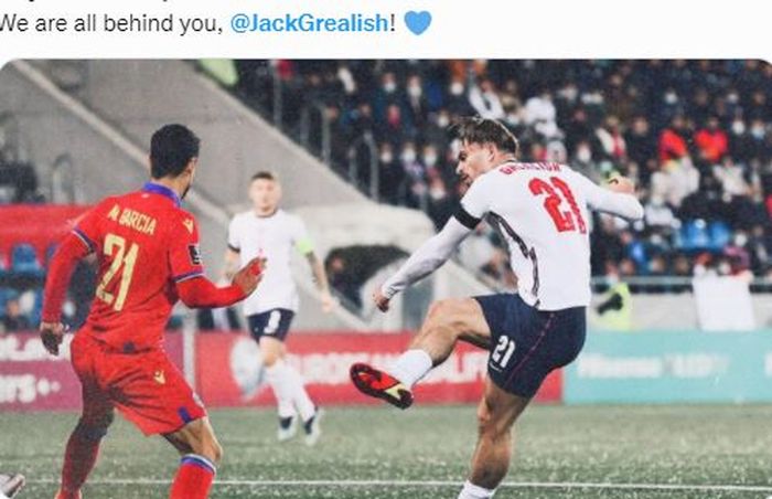Winger timnas Inggris, Jack Grealish, mencetak gol dalam laga Grup I Kualifikasi Piala Dunia 2022 Zona Eropa kontra timnas Andorra di Stadion Nacional, Sabtu (9/10/2021).
