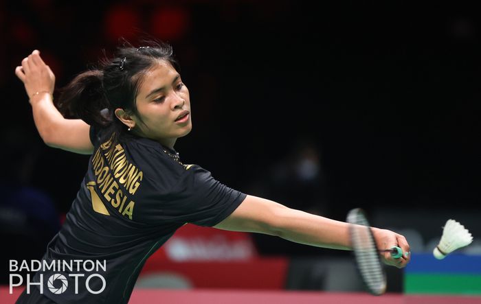 Pebulu tangkis tunggal putri Indonesia, Gregoria Mariska Tunjung, pada laga kedua melawan Prancis Uber Cup 2020 di Ceres Arena, Aarhus, Denmark, Senin (11/10/2021).