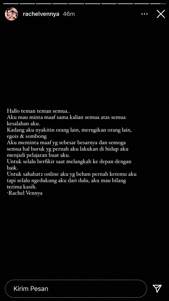 Tangkap Layar permintaan Maaf Rachel Vennya
