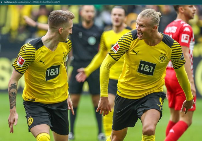 Ekspresi Erling Haaland usai membobol gawang Mainz 05 dalam kemenangan 3-1 Borussia Dortmund.