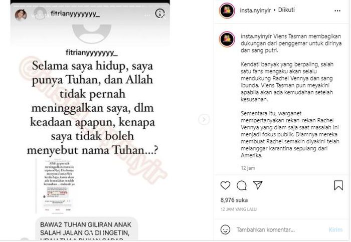 Postingan akun gosip yang memuat unggahan ibunda Rachel Vennya
 