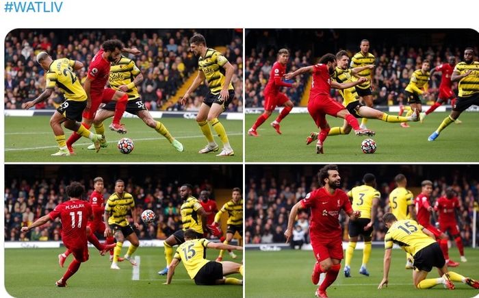 Aksi Mohamed Salah saat menjebol gawang Watford.