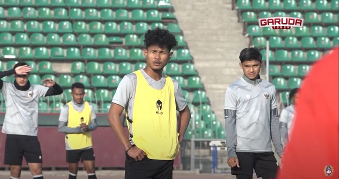 Striker timnas U-23 Indonesia, Bagus Kahfi saat menjalani latihan bersama skuad Garuda Muda di Tajakistan.