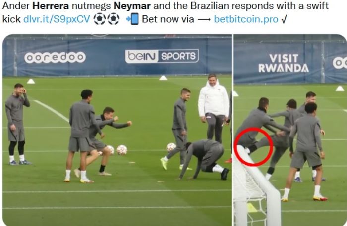 Neymar saat melayangkan tendangan ke kaki Ander Herrera.