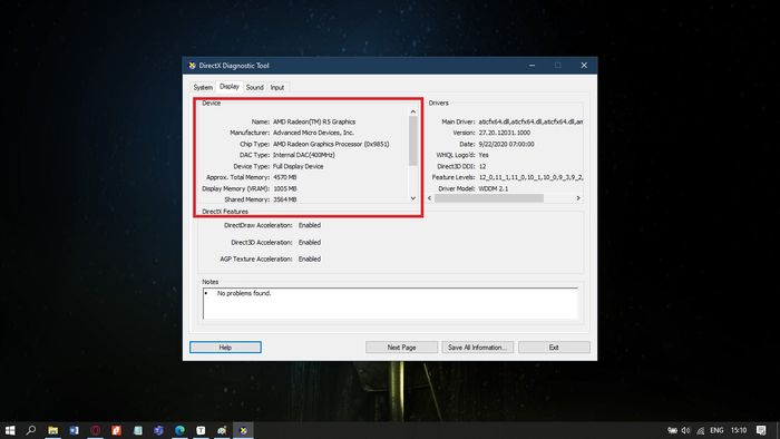 Tampilan informasi seputar GPU laptop di dxdiag
