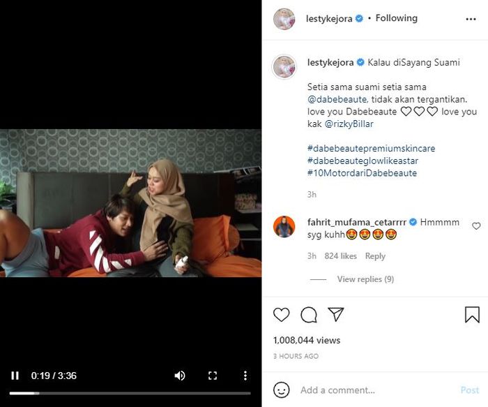 Postingan Lesti Kejora saat promosikan produk kecantikan bersama Rizky Billar