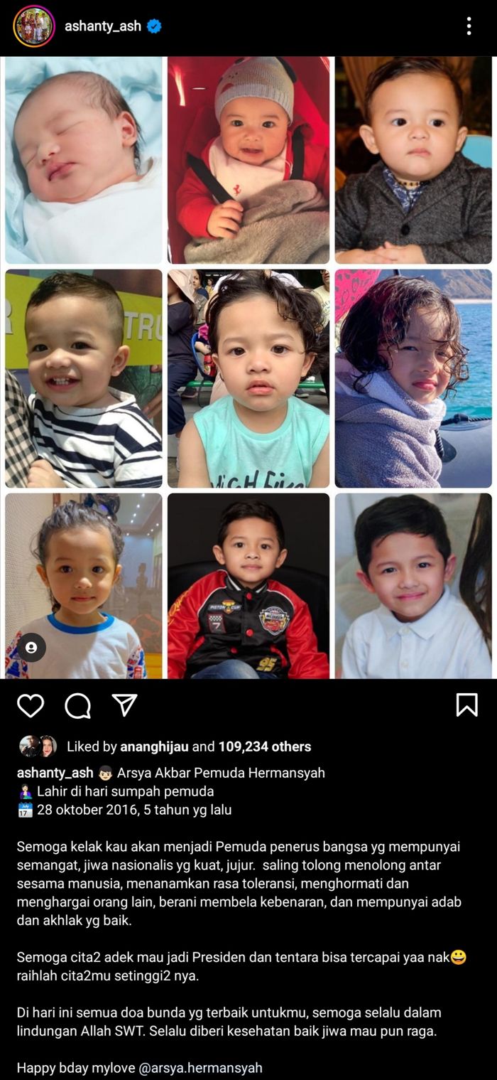 Unggahan Ashanty di hari ulang tahun Arsya Hermansyah.