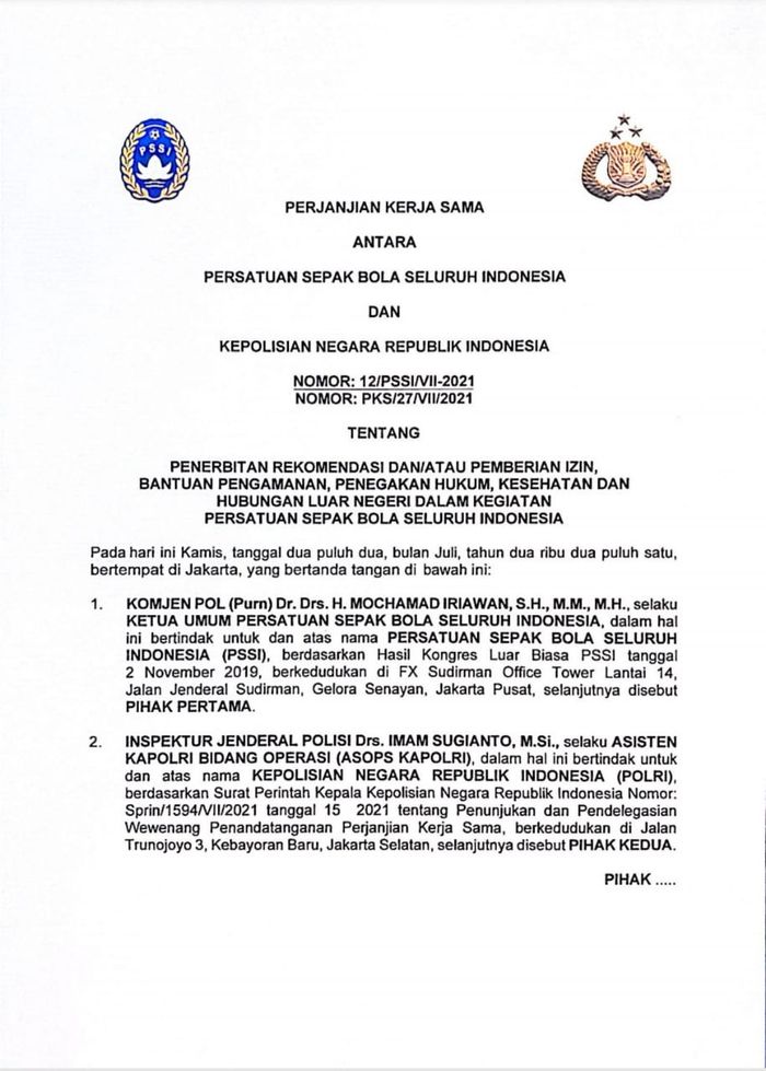 Surat kerjasama PSSI dengan Polri