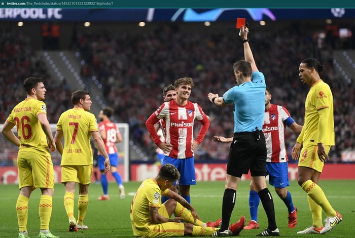 Antoine Griezmann mendapat kartu merah pada laga Liverpool versus Atletico Madrid pada matchday ketiga Liga Champions 2021-2022.