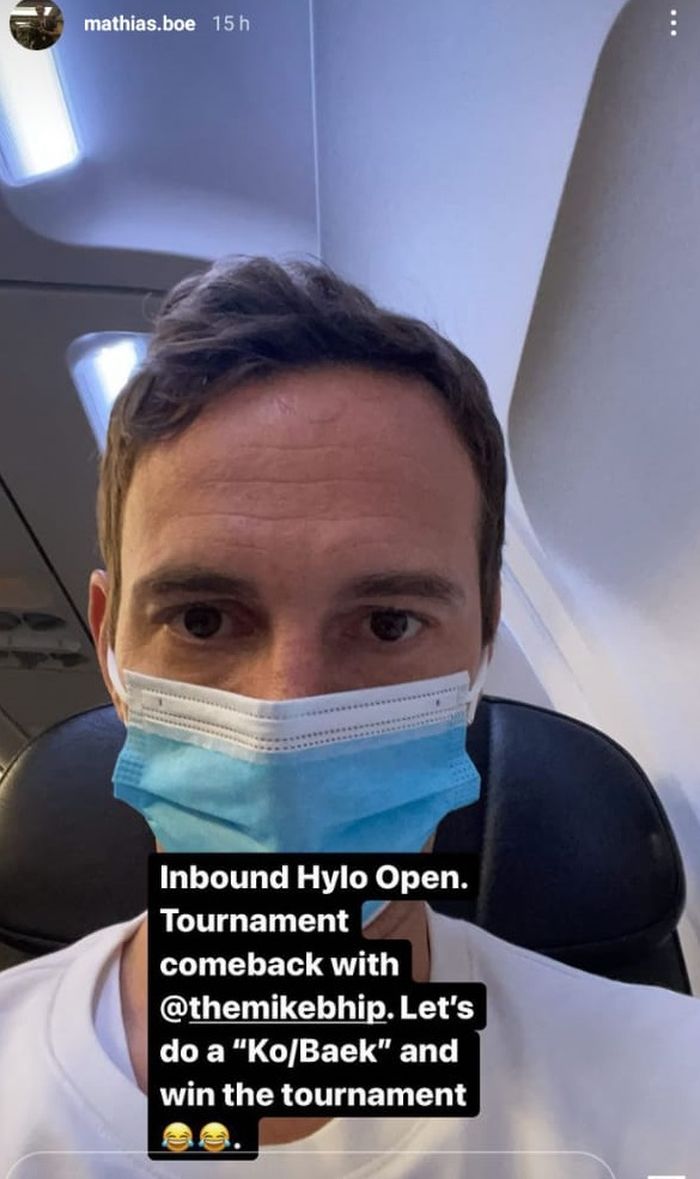 Tangkapan layar Instagram Story pebulu tangkis ganda putra Denmark, Mathias Boe, menjelang comeback-nya pada Hylo Open 2021.