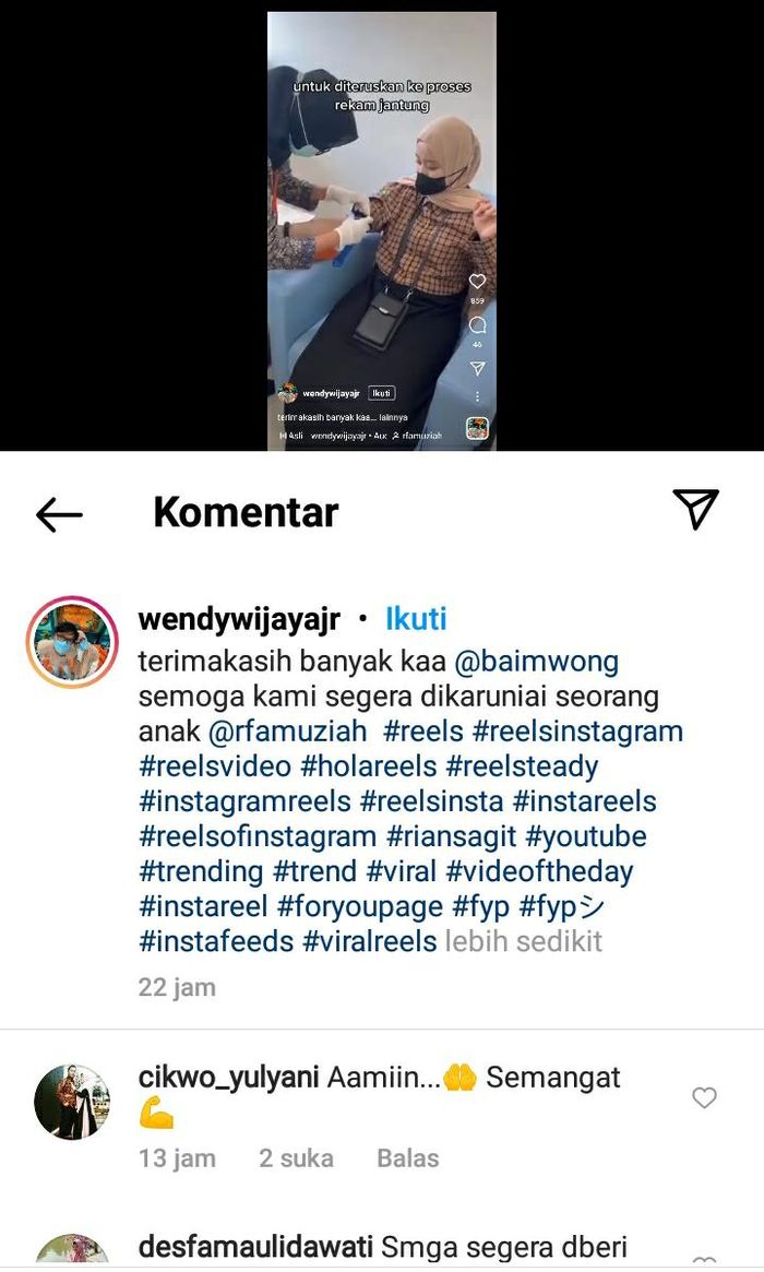 Unggahan Rian saat temani Risma jalani program bayi tabung dari Baim Wong